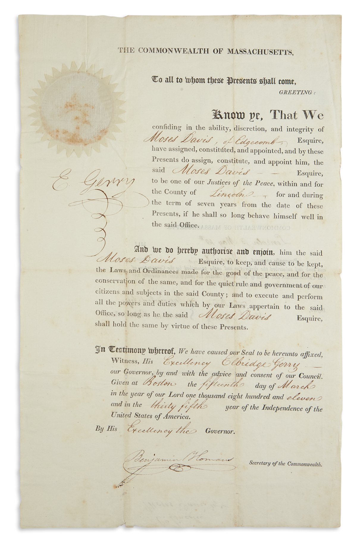 SIGNER AND FIRST GERRYMANDERER ELBRIDGE GERRY. Partly-printed Document Signed, E Gerry, as Governor, b...